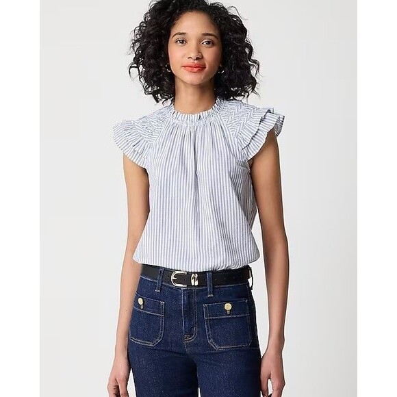 J.CREW Striped Flutter-Sleeve Top M White Antique Navy Crewneck Blouse NWT B19 - Picture 1 of 6